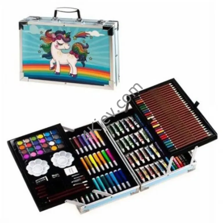 Набір для творчості в алюмінієвій валізі Єдиноріг 145 предметів, чемодан для малювання дитячий кейс. Колір: блакитний
